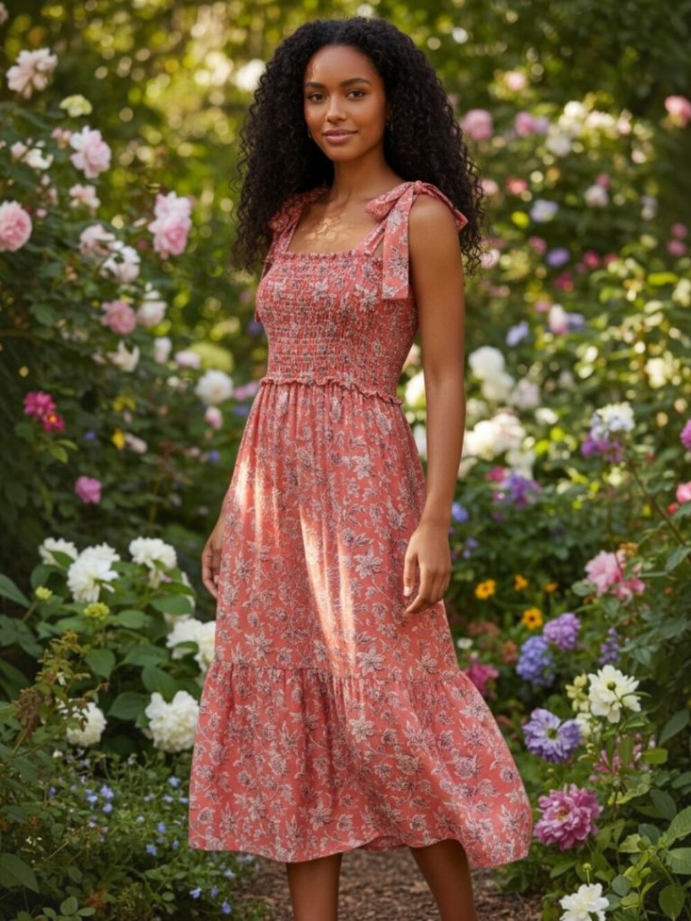Max Studio Floral Tie-Strap Smocked Maxi Dress in Coral Size L